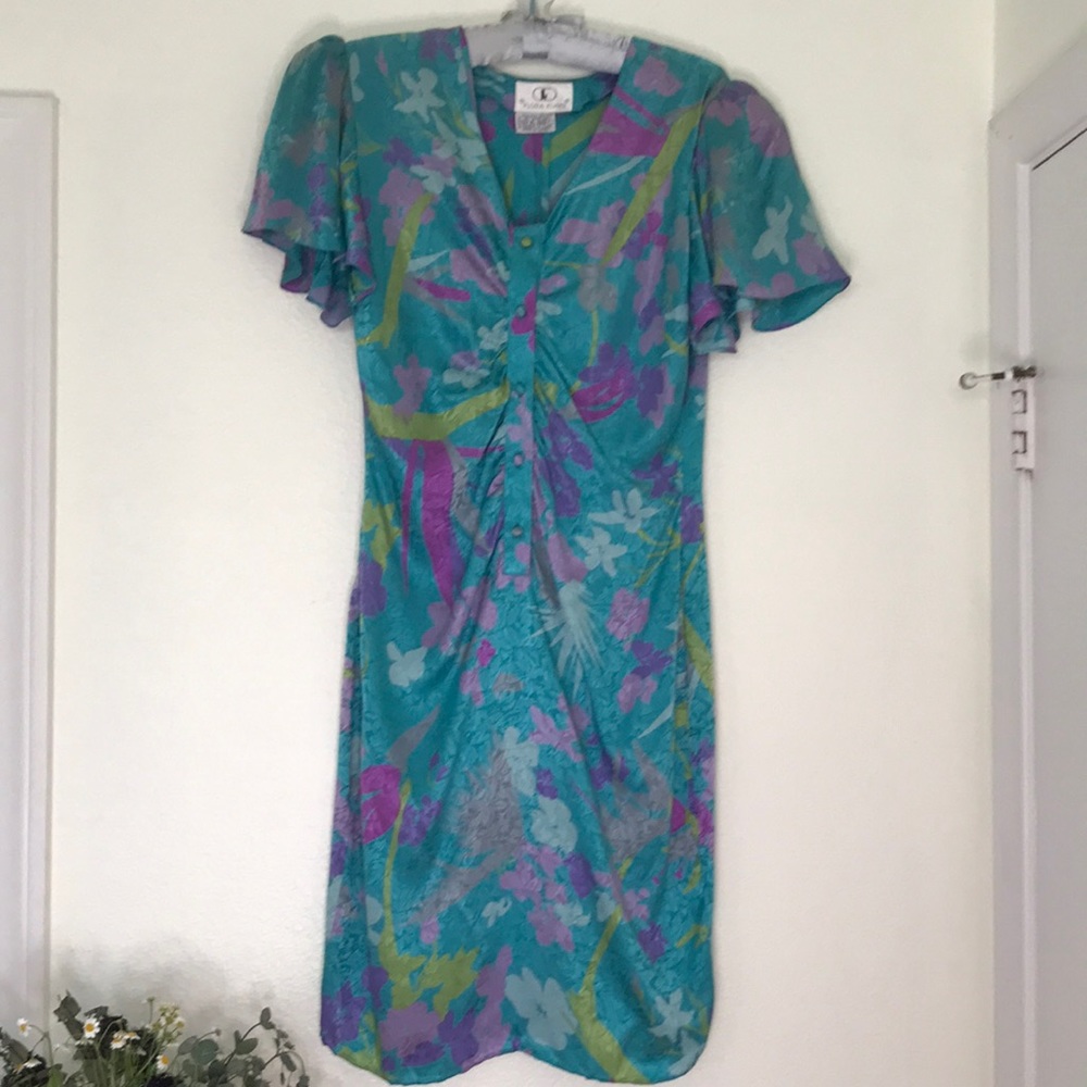 VTG Flora Kung 1980s shoulder pads floral dress size M